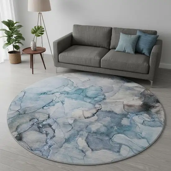 8' Blue Gray And Ivory Abstract Washable Round Rug With UV Protection Photo 2