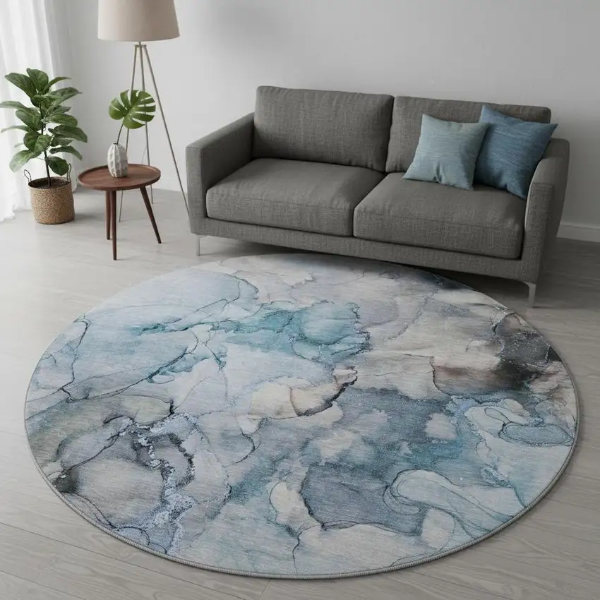 8' Blue Gray And Ivory Abstract Washable Round Rug With UV Protection Photo 2