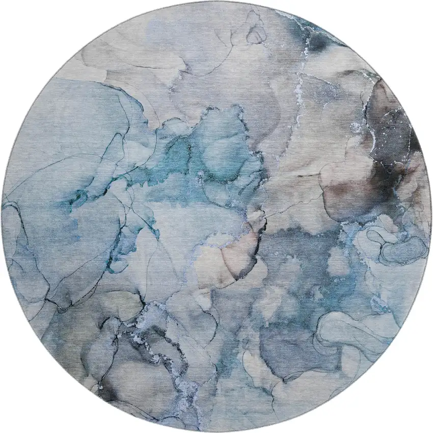 8' Blue Gray And Ivory Abstract Washable Round Rug With UV Protection Photo 1
