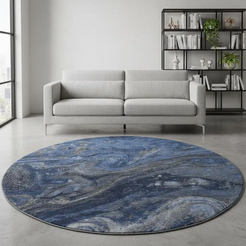 8' Blue Gray And Ivory Abstract Washable Round Rug With UV Protection Photo 2