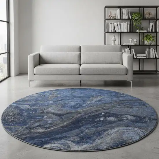 8' Blue Gray And Ivory Abstract Washable Round Rug With UV Protection Photo 2