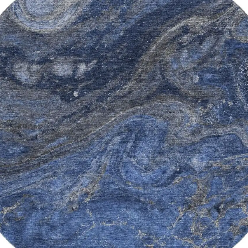 8' Blue Gray And Ivory Abstract Washable Round Rug With UV Protection Photo 3