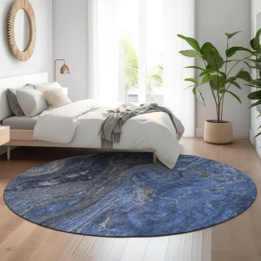 8' Blue Gray And Ivory Abstract Washable Round Rug With UV Protection Photo 5