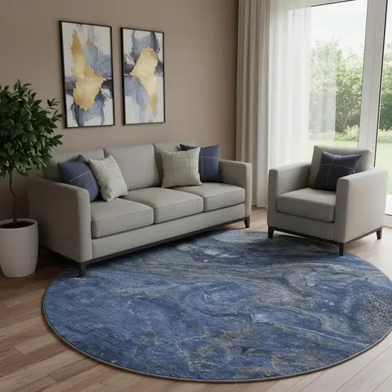 8' Blue Gray And Ivory Abstract Washable Round Rug With UV Protection Photo 1
