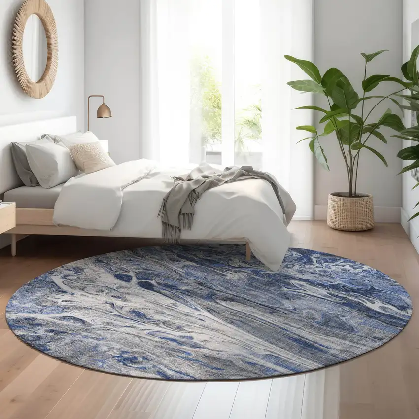 8' Blue Gray And Ivory Abstract Washable Round Rug With UV Protection Photo 5