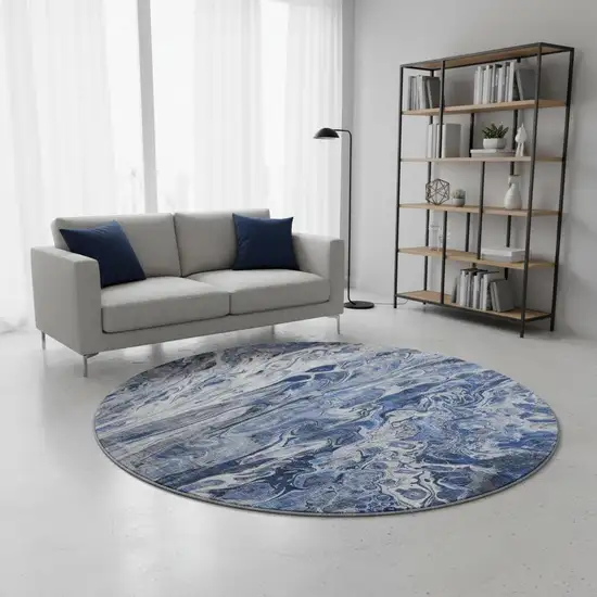 8' Blue Gray And Ivory Abstract Washable Round Rug With UV Protection Photo 2