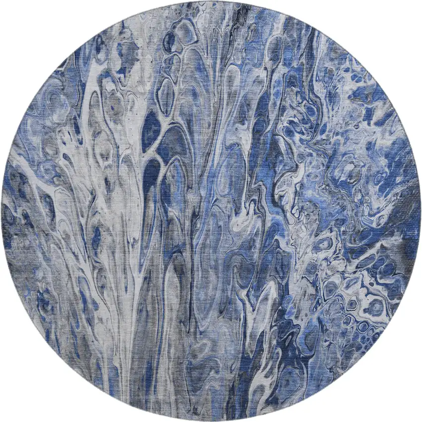 8' Blue Gray And Ivory Abstract Washable Round Rug With UV Protection Photo 1