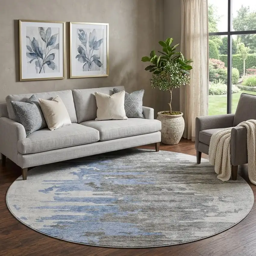 8' Blue Gray And Ivory Abstract Washable Round Rug With UV Protection Photo 1