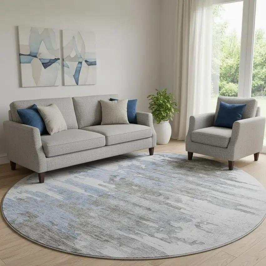 8' Blue Gray And Ivory Abstract Washable Round Rug With UV Protection Photo 1