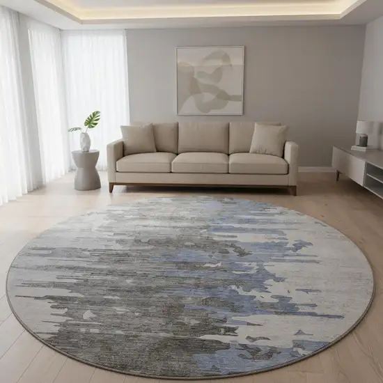 8' Blue Gray And Ivory Abstract Washable Round Rug With UV Protection Photo 2