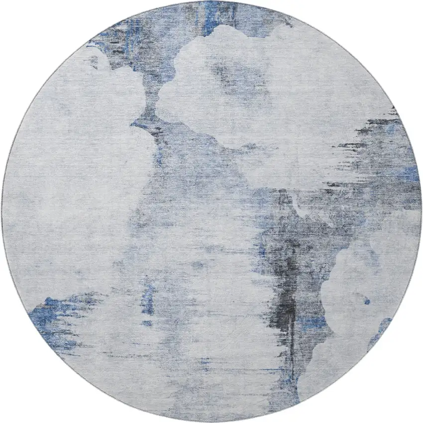 8' Blue Gray And Ivory Abstract Washable Round Rug With UV Protection Photo 2