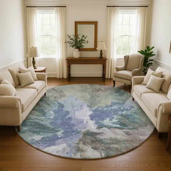 8' Blue Gray And Ivory Abstract Washable Round Rug With UV Protection Photo 4