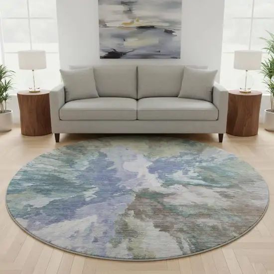 8' Blue Gray And Ivory Abstract Washable Round Rug With UV Protection Photo 2