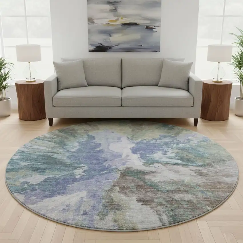 8' Blue Gray And Ivory Abstract Washable Round Rug With UV Protection Photo 2