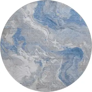 Photo of 8' Blue Gray And Ivory Abstract Washable Round Rug With UV Protection