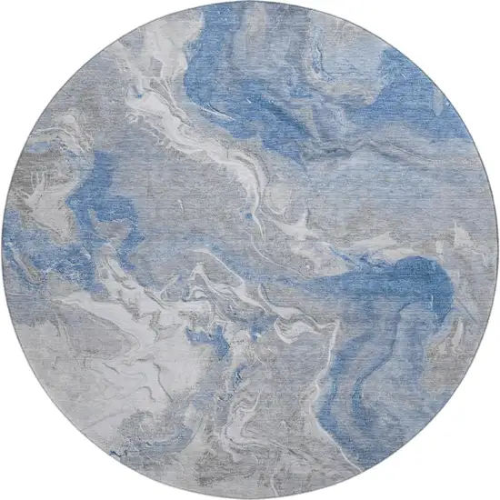 8' Blue Gray And Ivory Abstract Washable Round Rug With UV Protection Photo 1