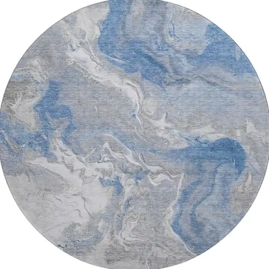 8' Blue Gray And Ivory Abstract Washable Round Rug With UV Protection Photo 3