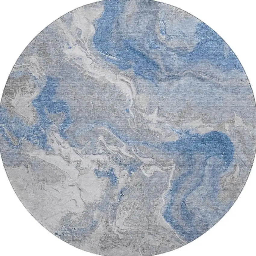 8' Blue Gray And Ivory Abstract Washable Round Rug With UV Protection Photo 3