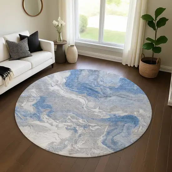 8' Blue Gray And Ivory Abstract Washable Round Rug With UV Protection Photo 4