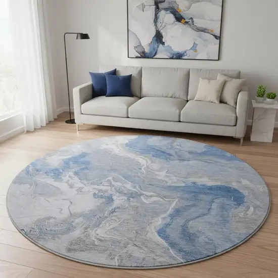 8' Blue Gray And Ivory Abstract Washable Round Rug With UV Protection Photo 2