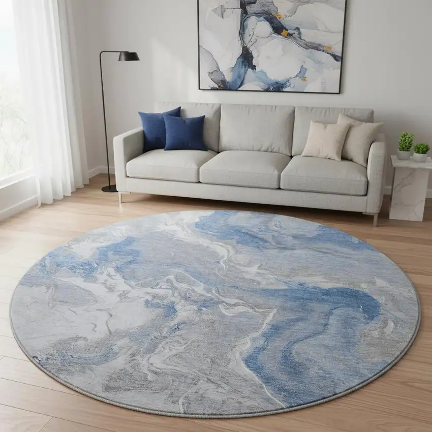 8' Blue Gray And Ivory Abstract Washable Round Rug With UV Protection Photo 2