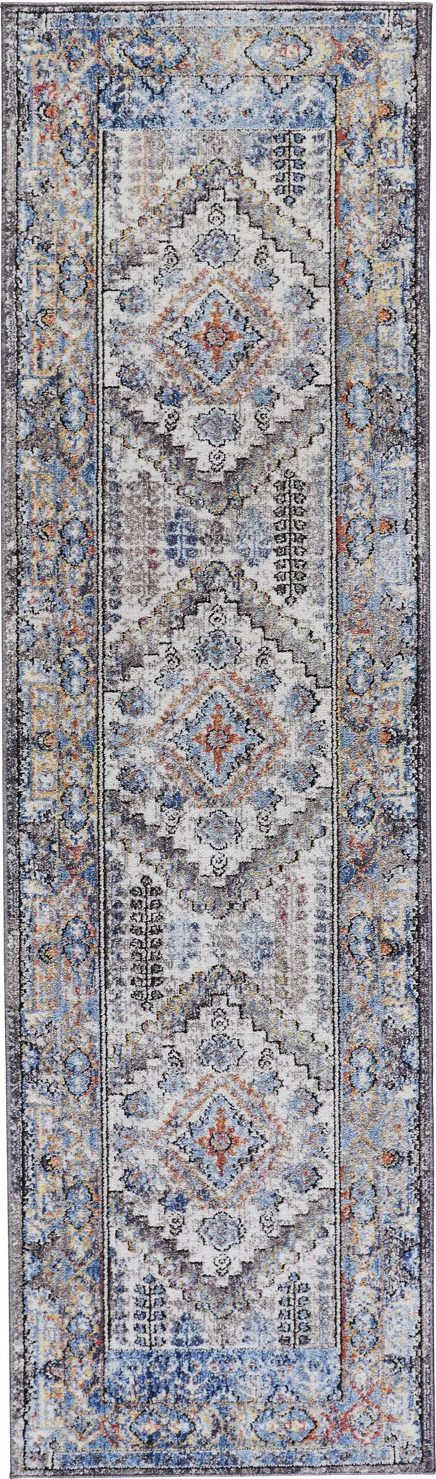 8' Blue Gray And Ivory Floral Stain Resistant Runner Rug Photo 1