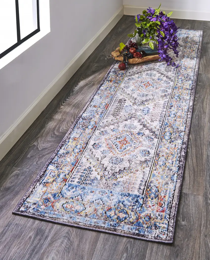 8' Blue Gray And Ivory Floral Stain Resistant Runner Rug Photo 7