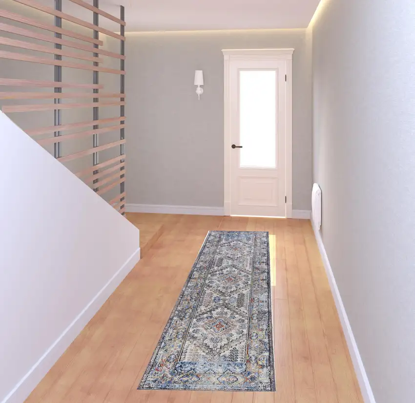 8' Blue Gray And Ivory Floral Stain Resistant Runner Rug Photo 3