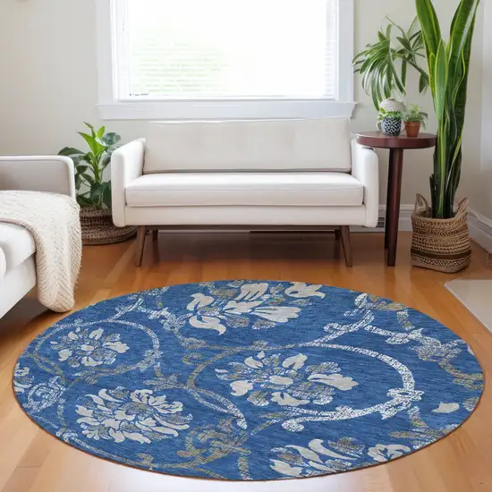 8' Blue Gray And Ivory Floral Washable Round Rug With UV Protection Photo 5