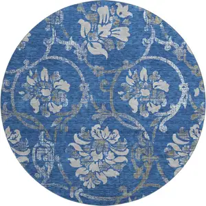 Photo of 8' Blue Gray And Ivory Floral Washable Round Rug With UV Protection