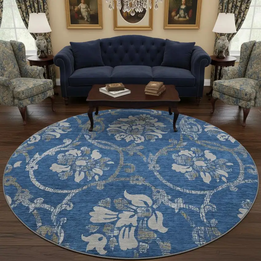 8' Blue Gray And Ivory Floral Washable Round Rug With UV Protection Photo 2