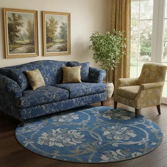 8' Blue Gray And Ivory Floral Washable Round Rug With UV Protection Photo 1