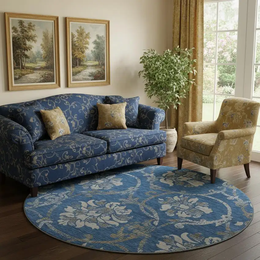 8' Blue Gray And Ivory Floral Washable Round Rug With UV Protection Photo 1