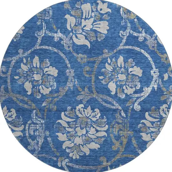 8' Blue Gray And Ivory Floral Washable Round Rug With UV Protection Photo 4