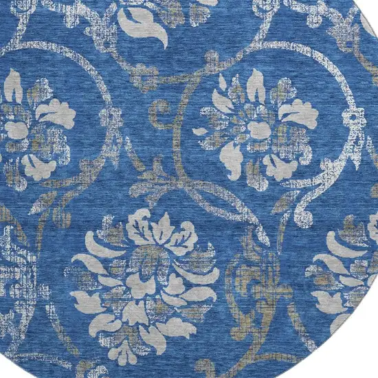 8' Blue Gray And Ivory Floral Washable Round Rug With UV Protection Photo 3