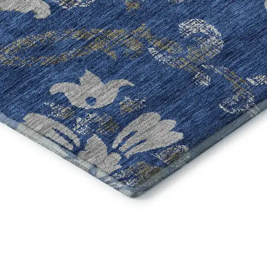 8' Blue Gray And Ivory Floral Washable Round Rug With UV Protection Photo 7