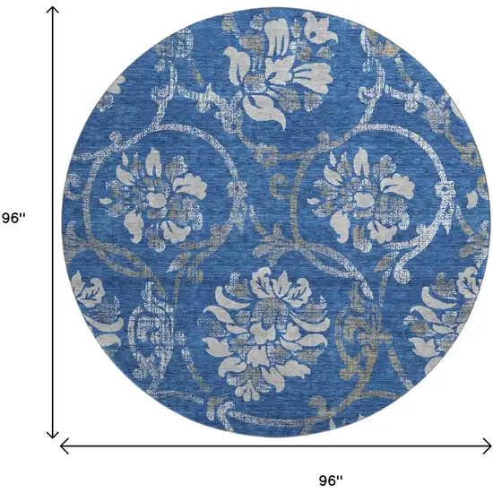 8' Blue Gray And Ivory Floral Washable Round Rug With UV Protection Photo 3