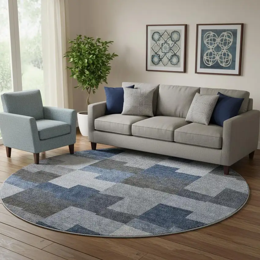 8' Blue Gray And Ivory Geometric Washable Round Rug With UV Protection Photo 1