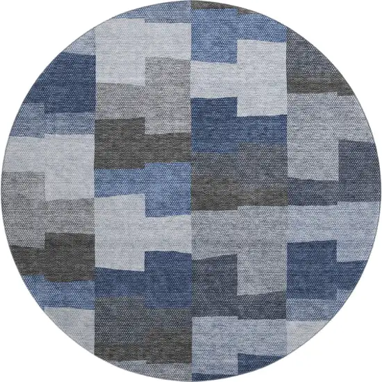 8' Blue Gray And Ivory Geometric Washable Round Rug With UV Protection Photo 2