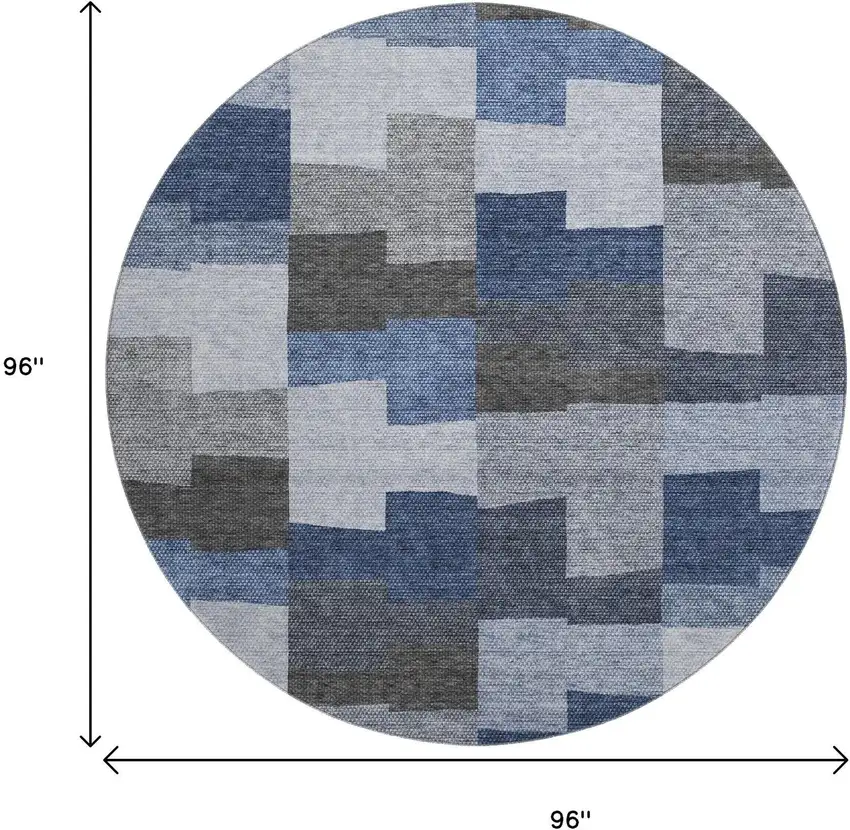 8' Blue Gray And Ivory Geometric Washable Round Rug With UV Protection Photo 9