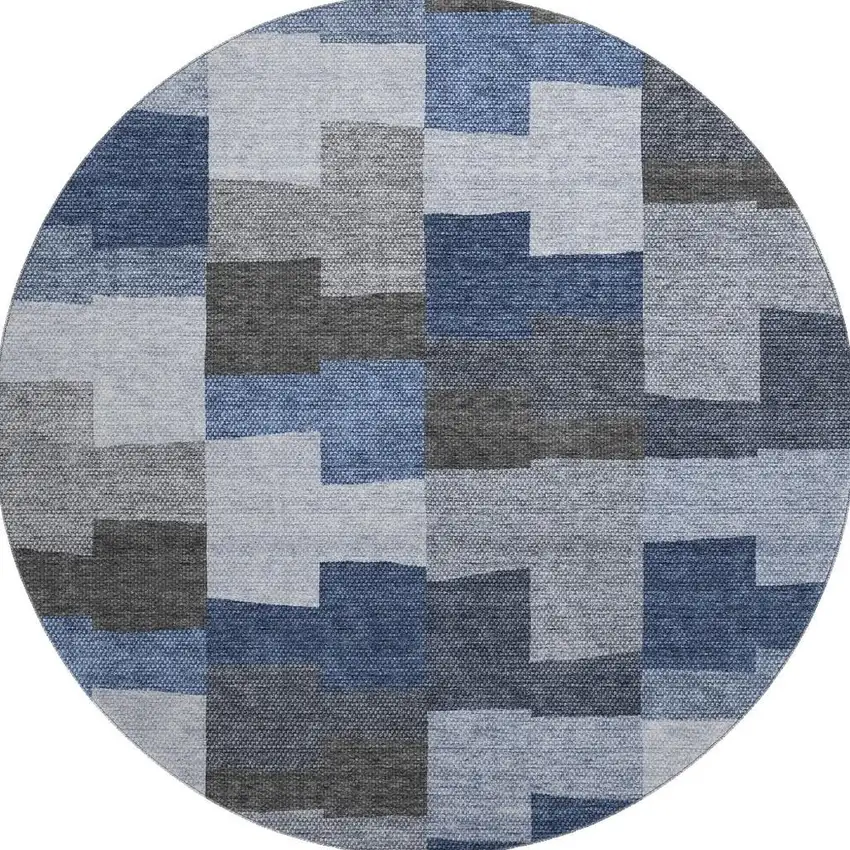 8' Blue Gray And Ivory Geometric Washable Round Rug With UV Protection Photo 3
