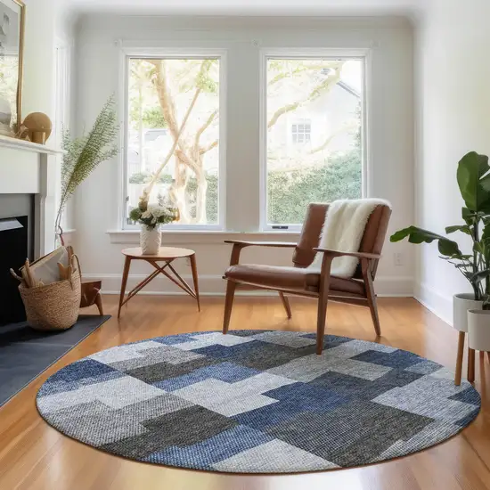 8' Blue Gray And Ivory Geometric Washable Round Rug With UV Protection Photo 4