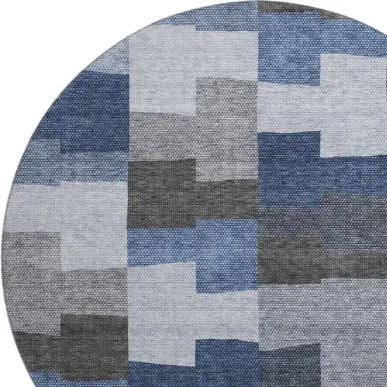 8' Blue Gray And Ivory Geometric Washable Round Rug With UV Protection Photo 2