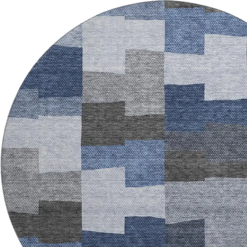 8' Blue Gray And Ivory Geometric Washable Round Rug With UV Protection Photo 2