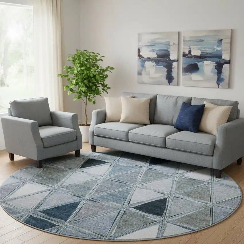 8' Blue Gray And Ivory Geometric Washable Round Rug With UV Protection Photo 1