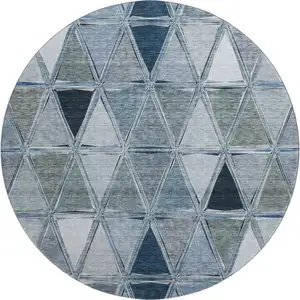 Photo of 8' Blue Gray And Ivory Geometric Washable Round Rug With UV Protection