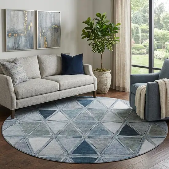 8' Blue Gray And Ivory Geometric Washable Round Rug With UV Protection Photo 1