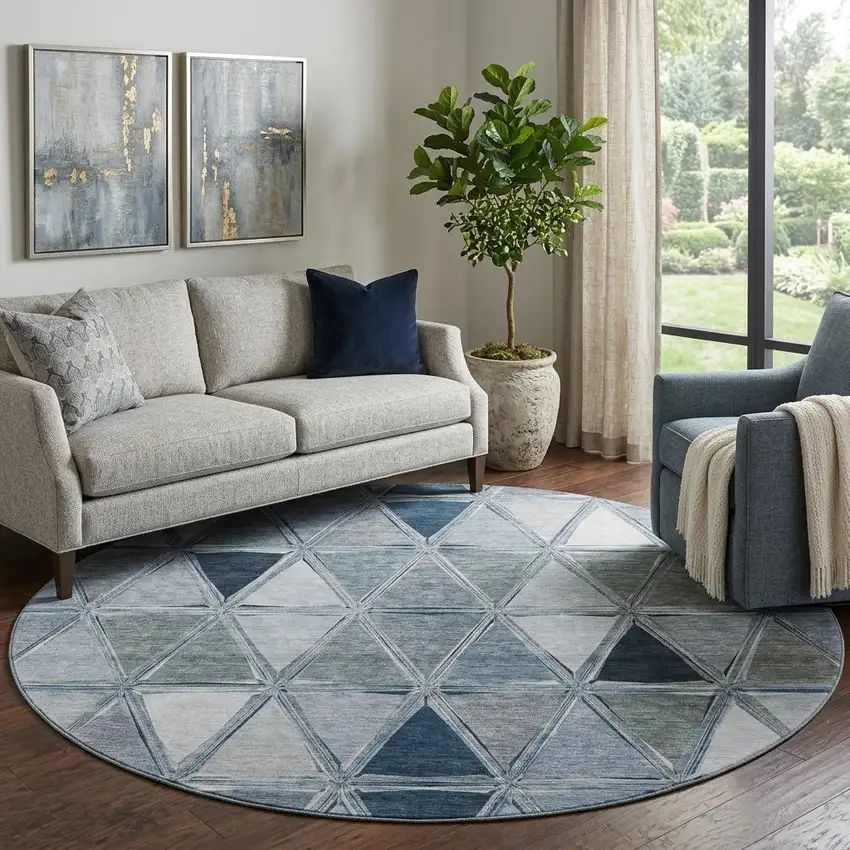8' Blue Gray And Ivory Geometric Washable Round Rug With UV Protection Photo 1