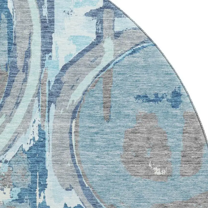 8' Blue Gray And Ivory Geometric Washable Round Rug With UV Protection Photo 3