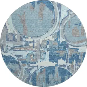 Photo of 8' Blue Gray And Ivory Geometric Washable Round Rug With UV Protection